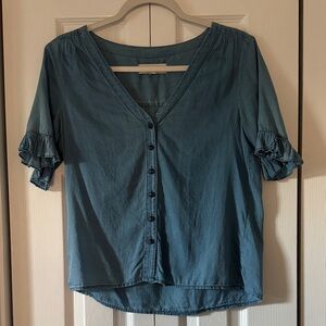 Madewell Cotton Blue Button-Up Blouse with Ruffle Sleeves